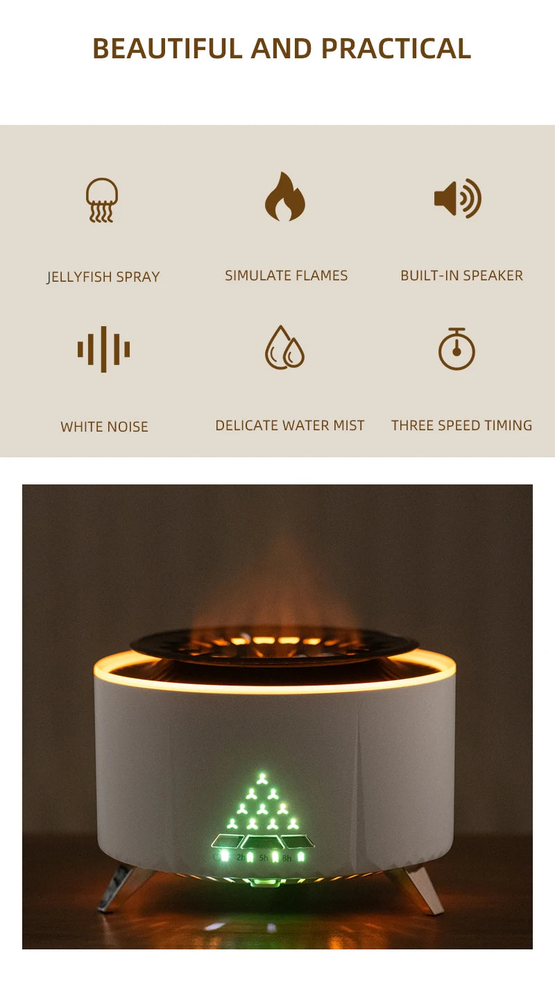 Flame Volcano Air Humidifier Bluetooth Wood Lava Aroma Humidifier Essential Oil Diffuser Bedroom White Noise Hypnosis
