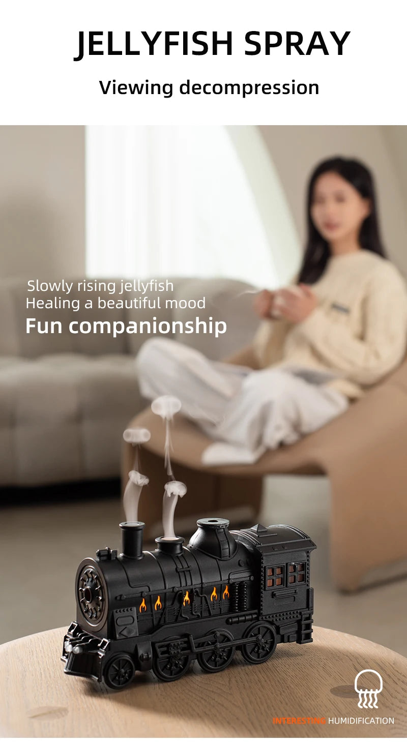 Creative Vintage Train Locomotive Air Humidifier Aroma Diffuser Sprayer with Jellyfish Smoke Ring for Essential Oil Aromatherapy