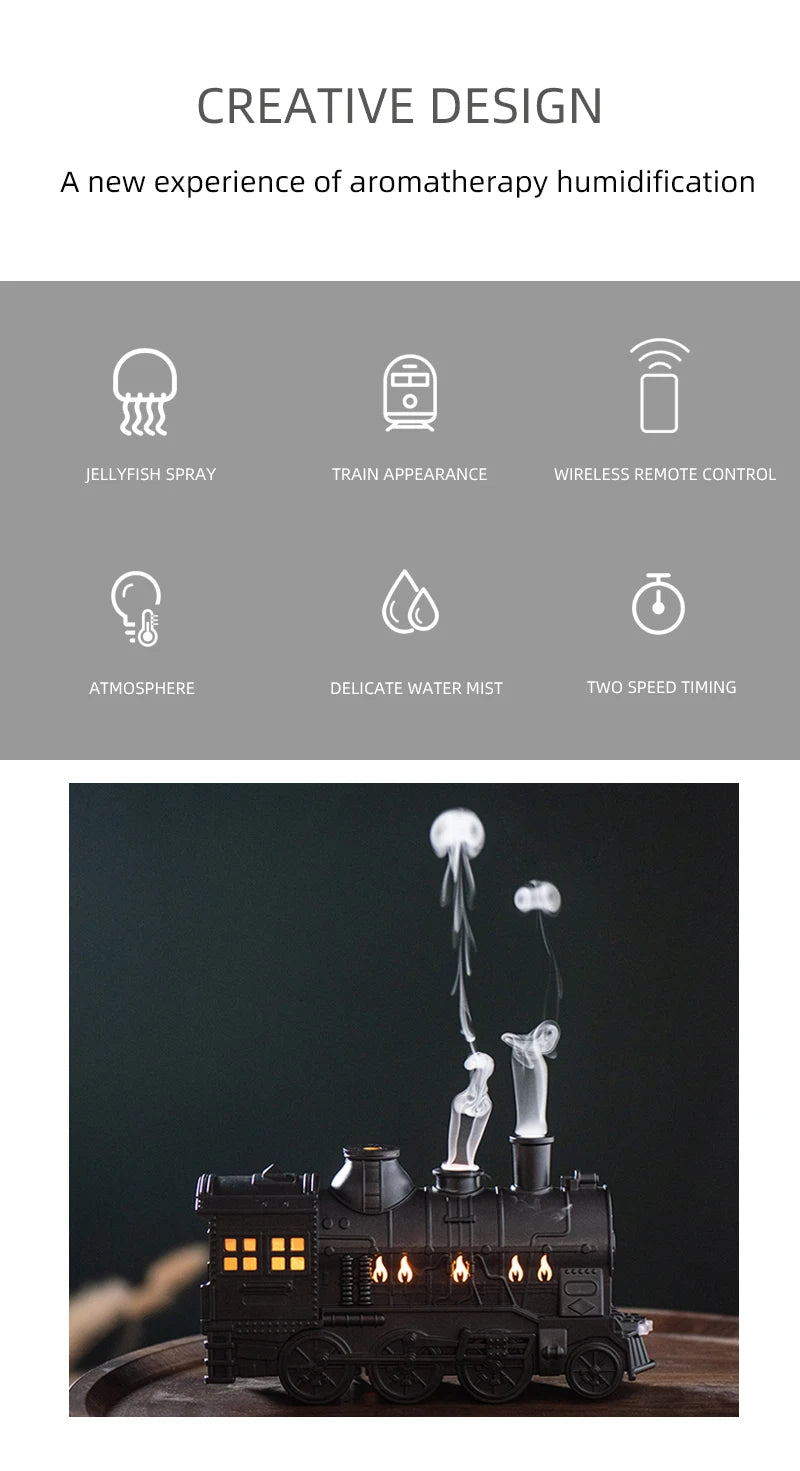 Creative Vintage Train Locomotive Air Humidifier Aroma Diffuser Sprayer with Jellyfish Smoke Ring for Essential Oil Aromatherapy