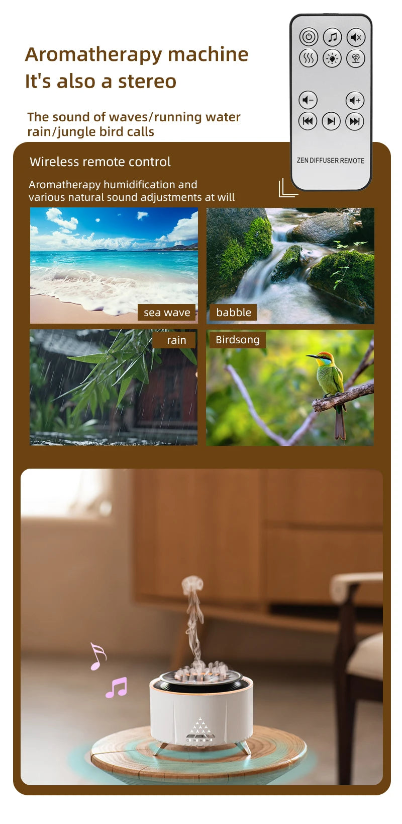 Flame Volcano Air Humidifier Bluetooth Wood Lava Aroma Humidifier Essential Oil Diffuser Bedroom White Noise Hypnosis