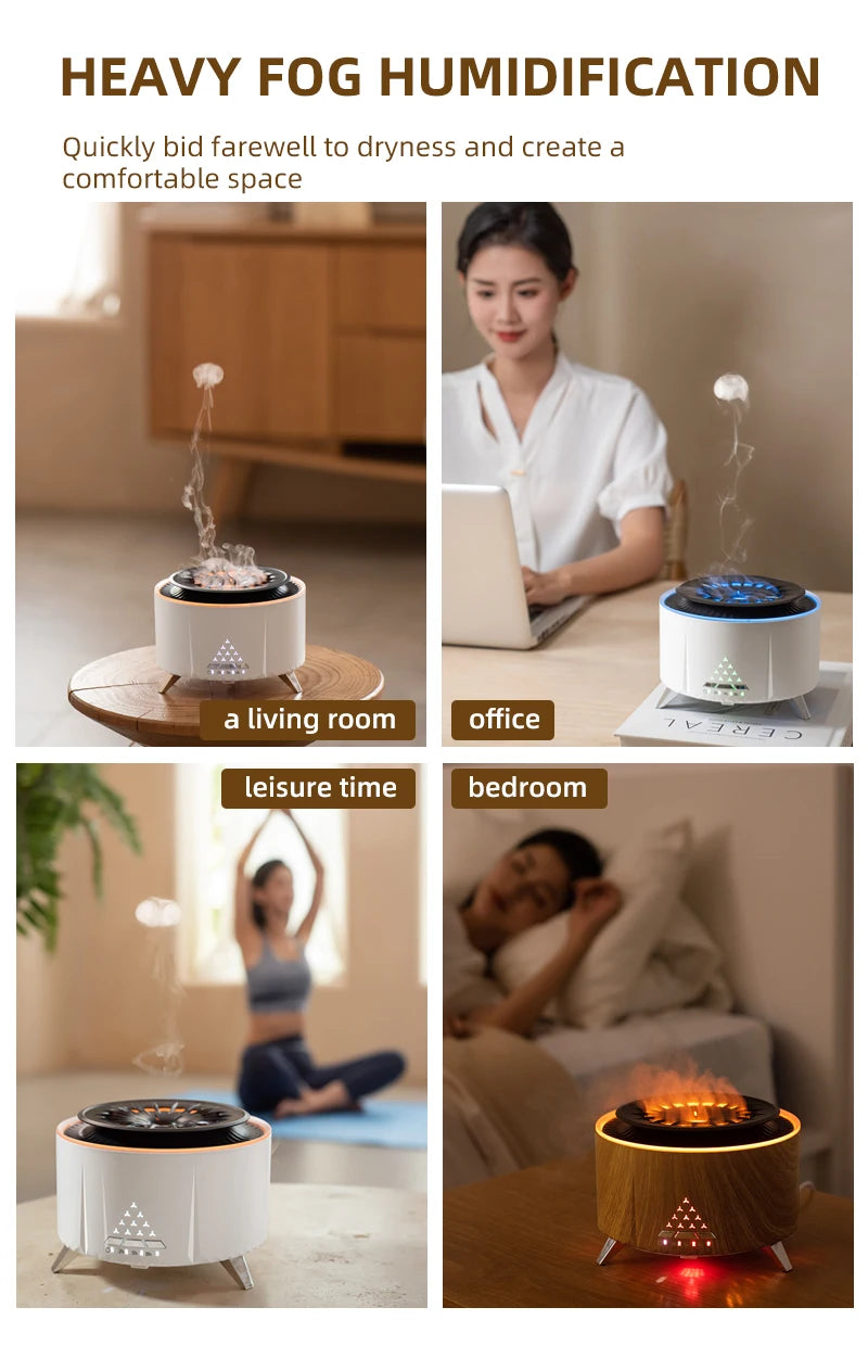Flame Volcano Air Humidifier Bluetooth Wood Lava Aroma Humidifier Essential Oil Diffuser Bedroom White Noise Hypnosis